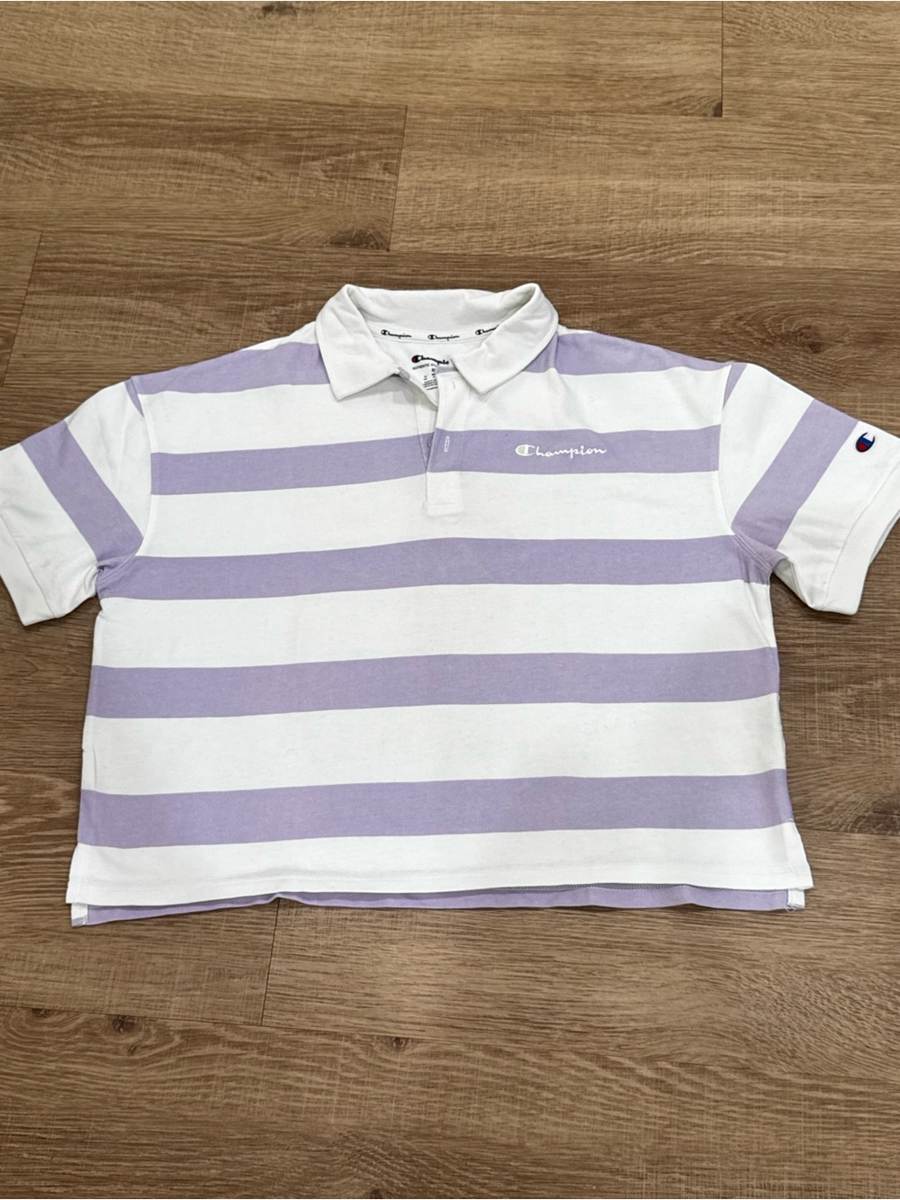 Champion rugby style crop Lavender & White Striped Polo Shirt | Medium